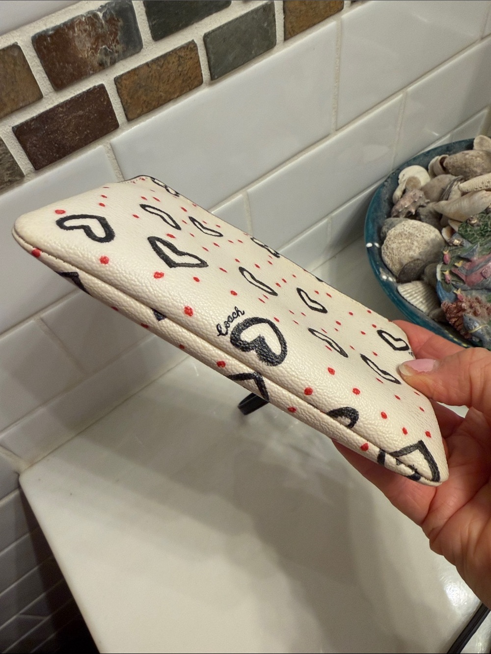 Coach Cream Pebble Leather Wristlet with Black Hearts and Red Dots - Picture 4 of 6